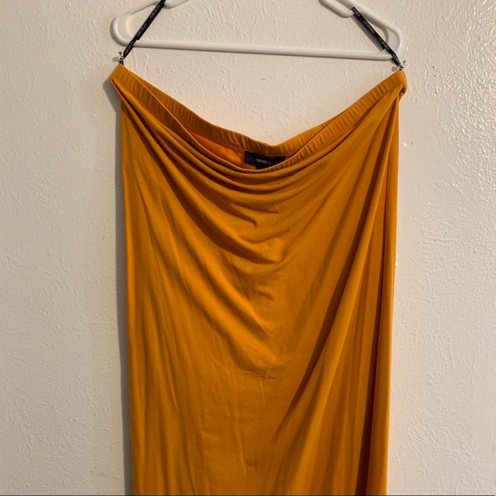 Mustard yellow/Orange strapless midi dress
